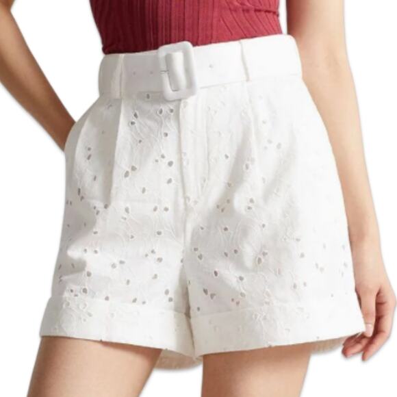 Ted Baker White Suzet Tailored Belted High Waist Eyelet Shorts Size 6 NEW no Tag - Picture 1 of 10